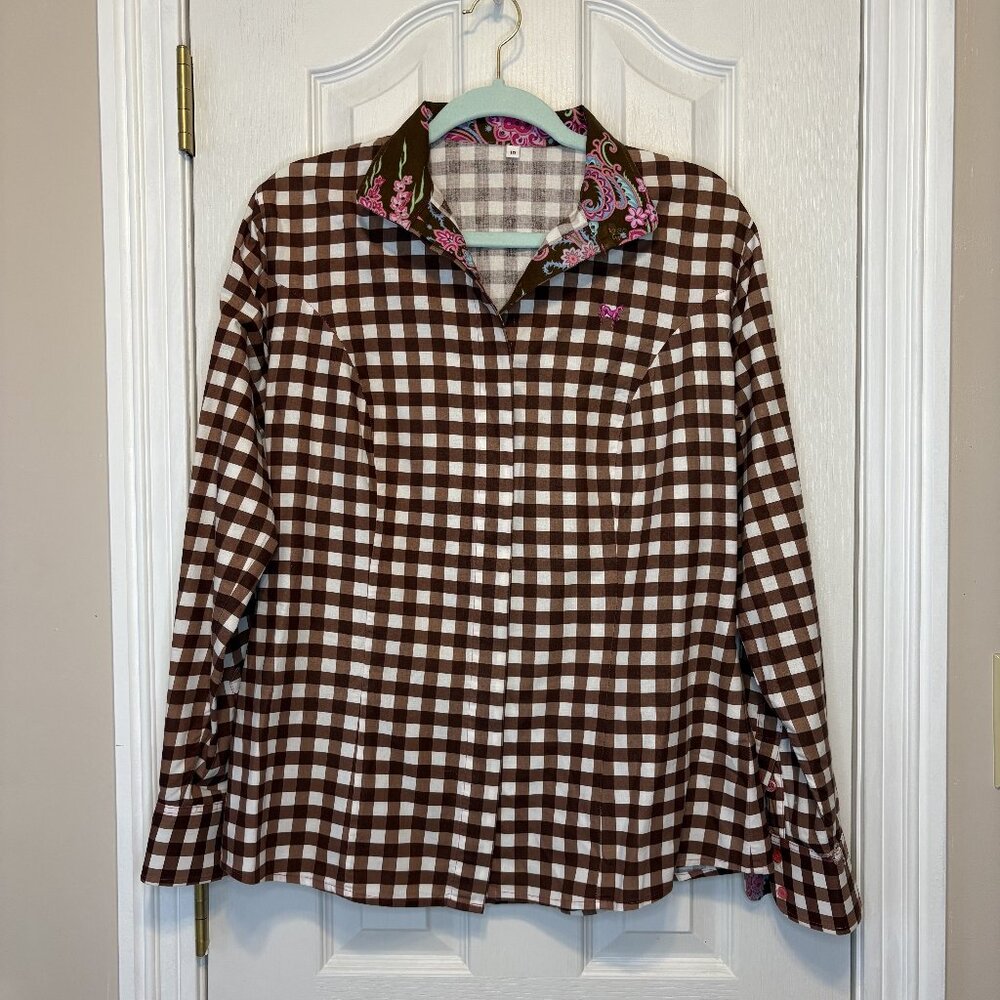 Middy N Me Button Up Gingham Equestrian Style Top Women Size 10